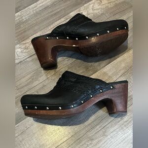 Women's UGG Black Clogs with Wooden Heel